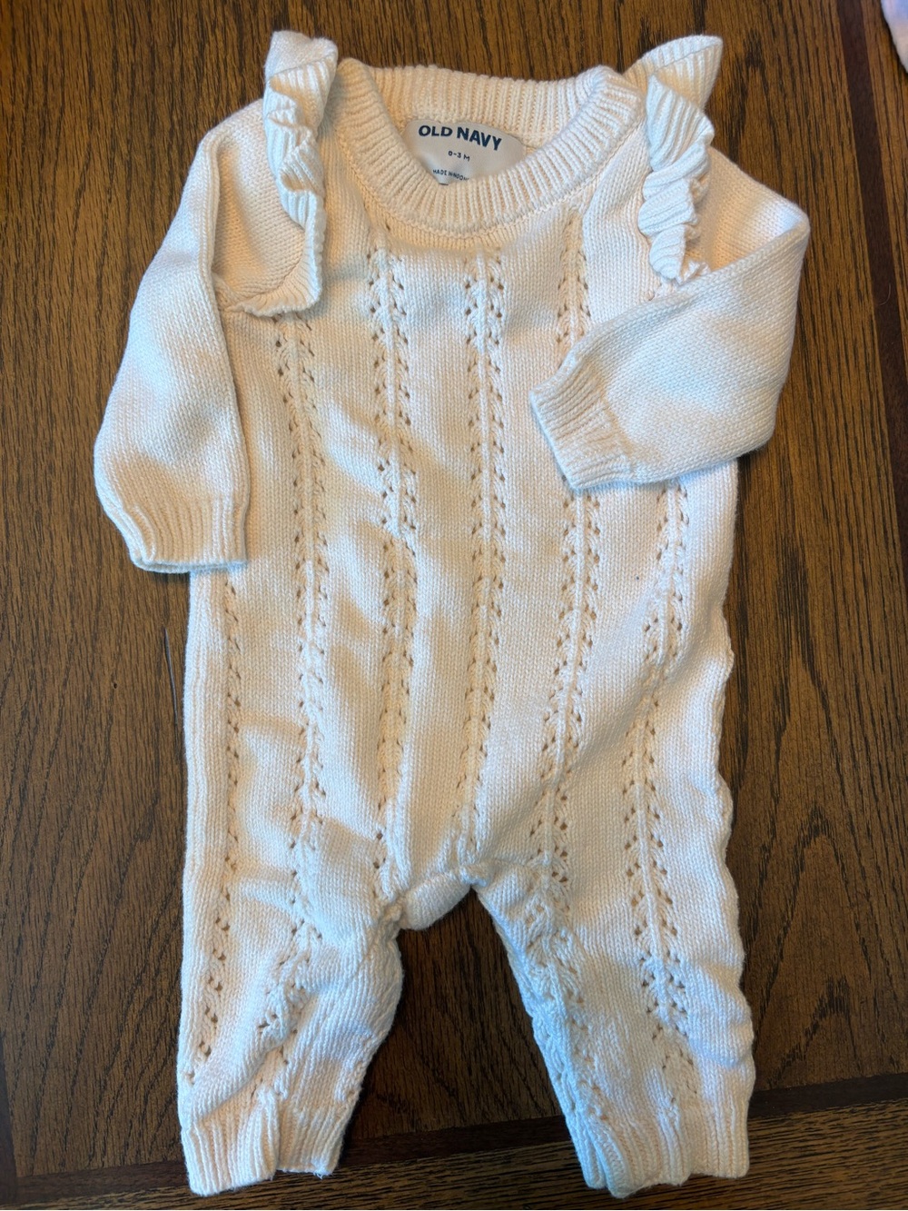 Old Navy Cream Cable Knit Ruffle Shoulder One-Piece